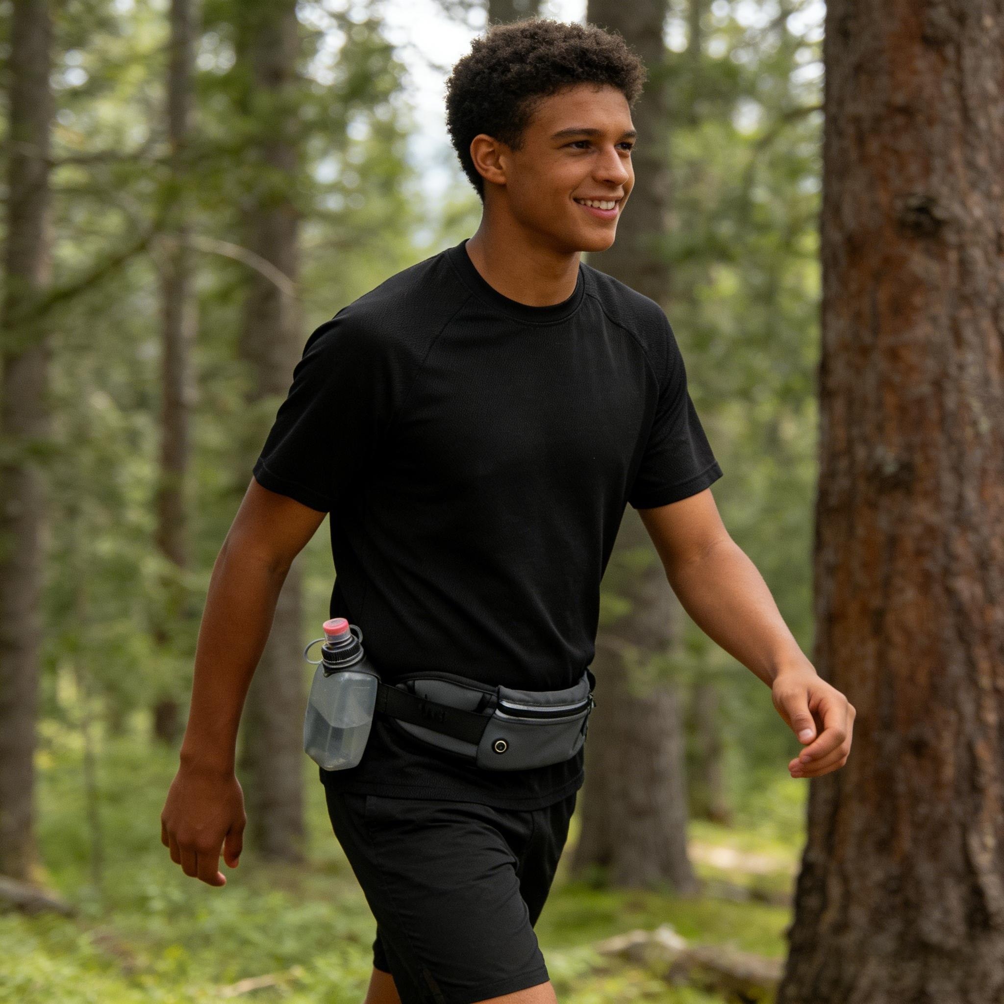 Runner wearing a compact bottle at the waist on a wooded route.