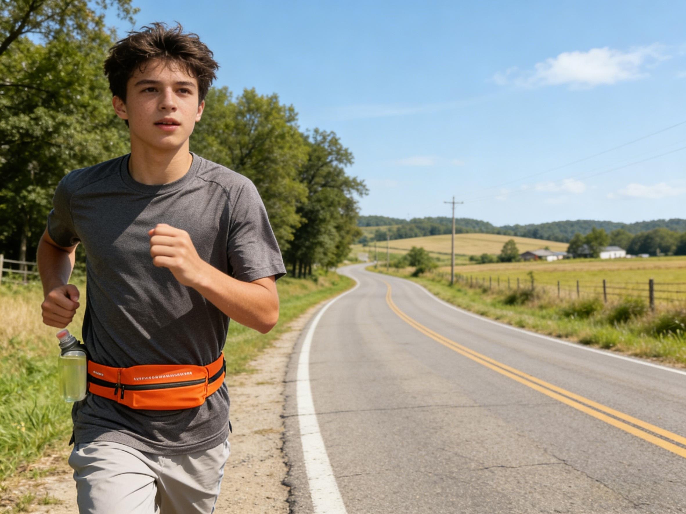 Runner wearing a bottle on a waist belt on a neighborhood route.