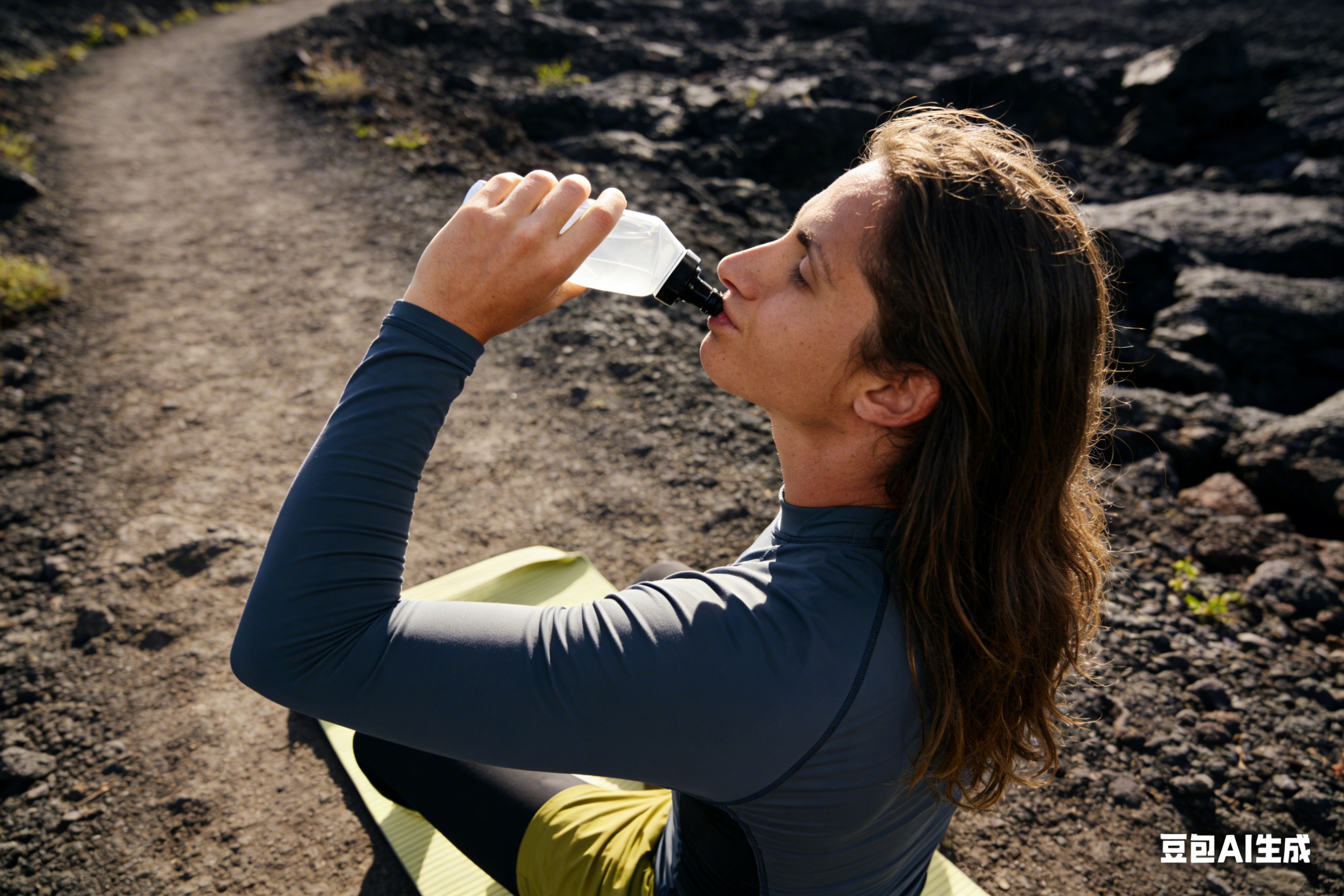 Runner taking a sip from a compact bottle on a mountain route.