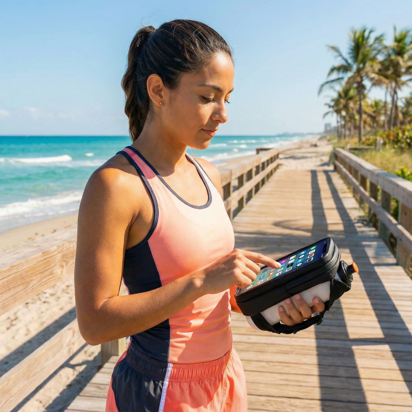 Runner checking a phone in the handheld carrier on a beach path.