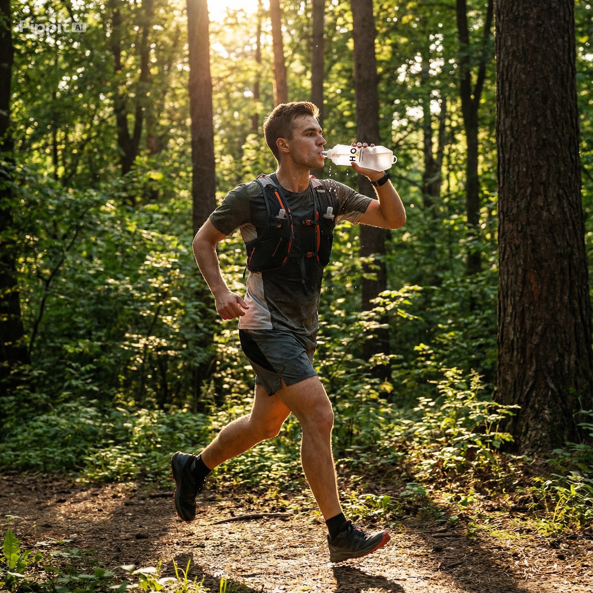 Runner drinking from a soft flask on a forest trail.